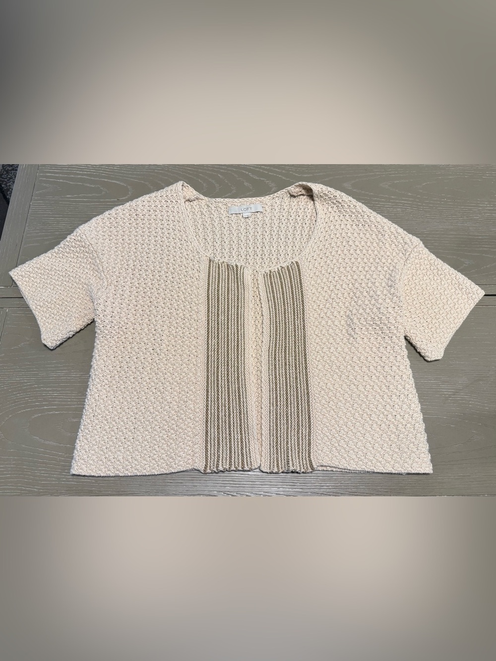 Cream Crocheted Short Sleeve Festival/Quiet Luxury Cardigan with Gold Trim. Sz M